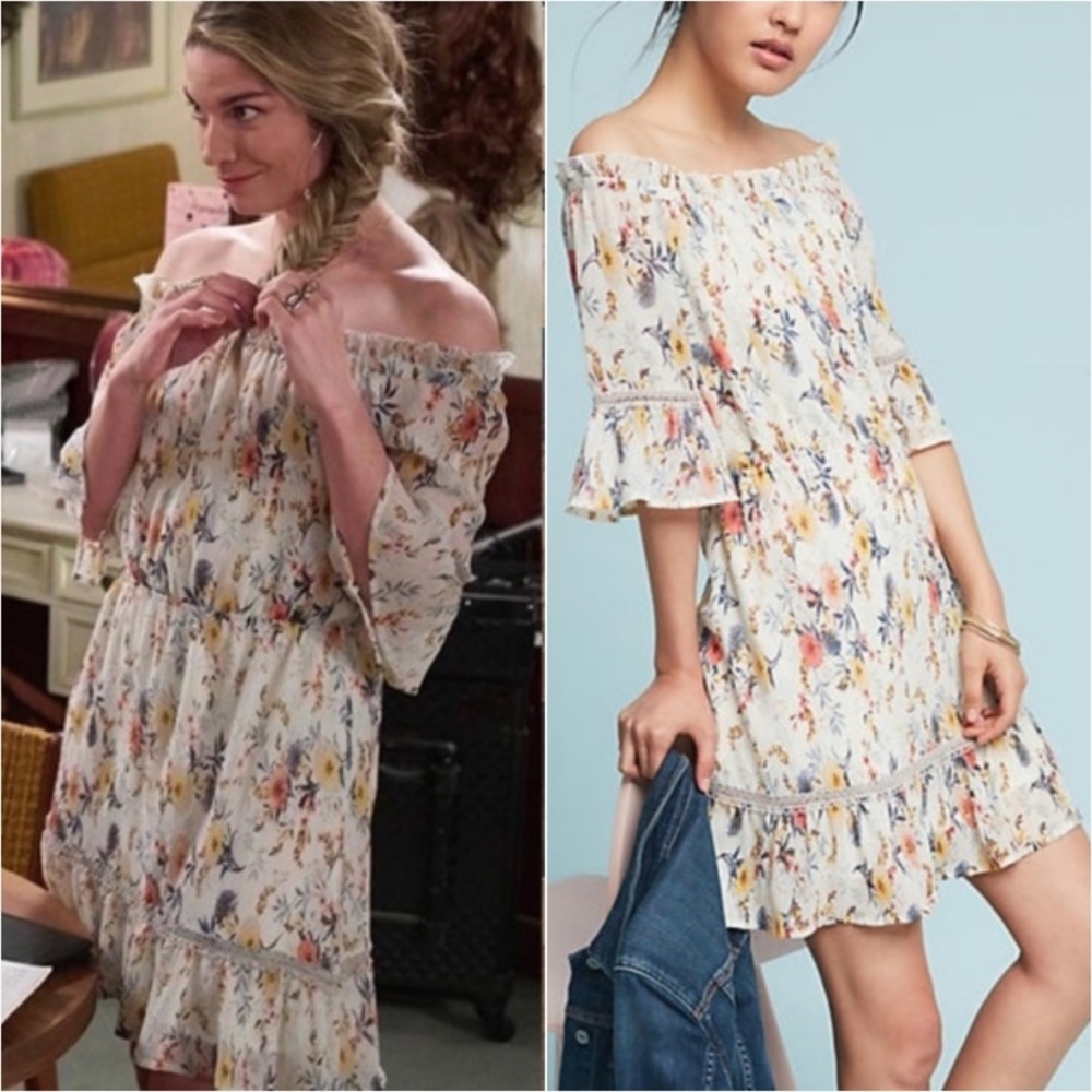 ASO on Alexis Rose Schitts Creek Anthropologie Leona off the shoulder dress